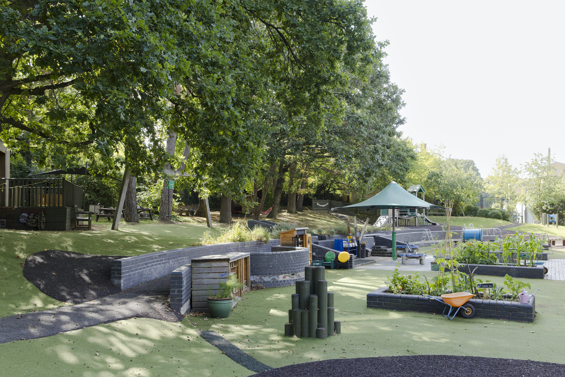 Dulwich Wood Nursery sunny exterior with large trees and vegetable patches