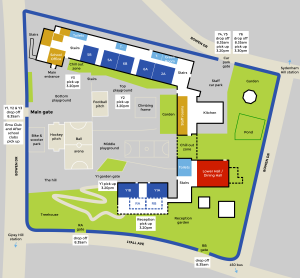 Map showing the ground floor of Dulwich Wood Primary School: position of boundary, gates, classrooms and outdoor spaces