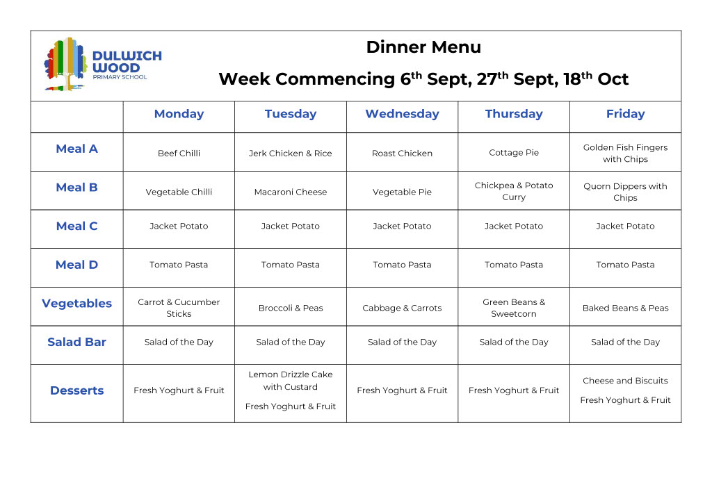 Dinner Menu – Week 2 – Dulwich Wood Primary School